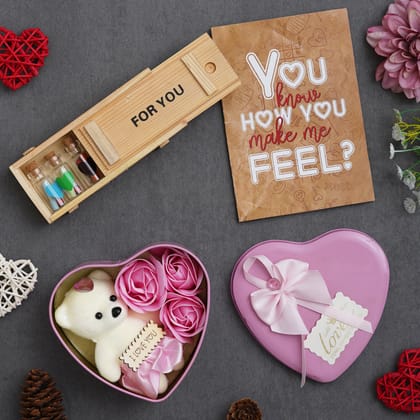Valentine Combo of Card, Pink Heart Shaped Gift Box with Teddy and Roses, Wooden Box "For You" Message Bottle Set