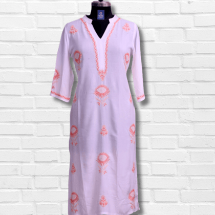 Rayon Kurti | White | Pattern Floral | Thread Embroidery | Peach