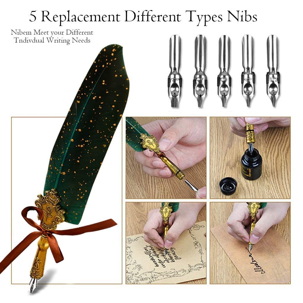 Quill Pen Ink Wax Seal Stamp Gift Set, Feather Pen Ink Set Includes Feather Dip Pen,Ink,5 Replacement Nibs,3 Wax Seal Sticks,Pen Nib Base,Seal Stamp, White Wax,Spoon, Valentine Gift
