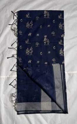 Saura Art Cotton Saree Navy Blue Tribal Figure Buti