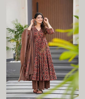 kedar fab Women Rayon Printed Angrakha Kurti With Palazzo ( Brown )