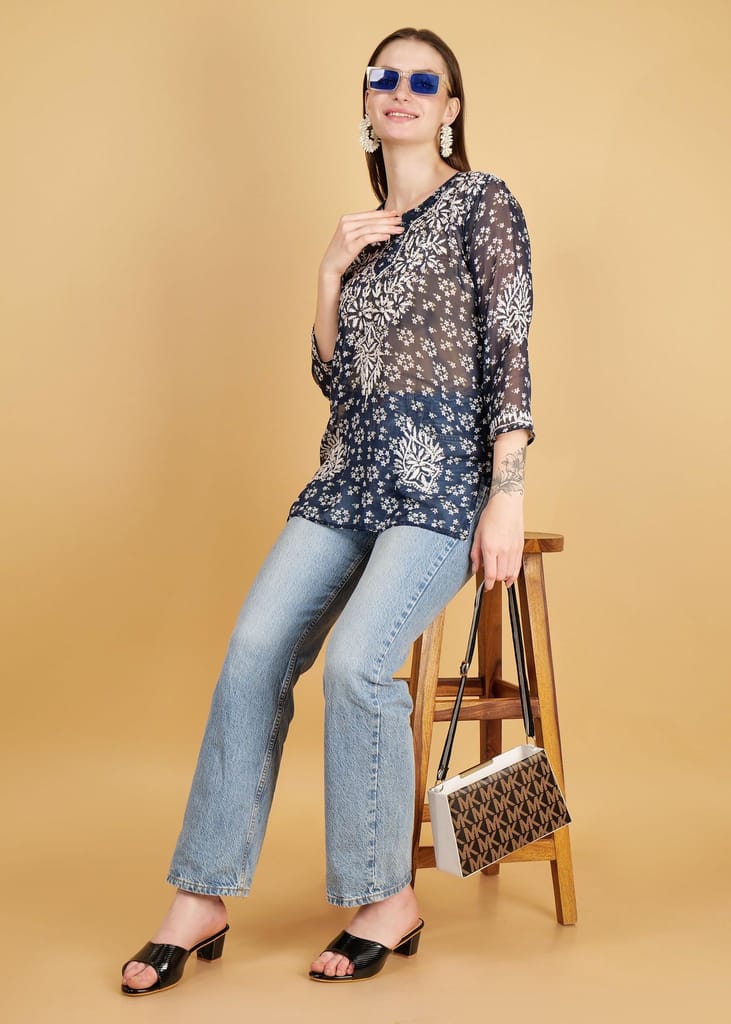 Hand Embroided Lucknow Chikankar Short Straight Georgette Kurta