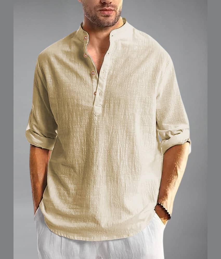 Yugnik Cotton Blend Plain Shirt Style Kurta For Men ( Beige )