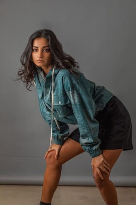Acid Wash Green Hooded Shirt-XS