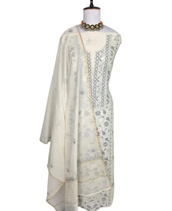 Chikankari Mul Chanderi Dress Material Ivory Blue Green Chikankari Mul Chanderi Dress Material Ivory Blue Green