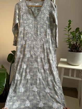 Mul Cotton Printed Chikankari Kurti - Grey-Grey / cotton / S