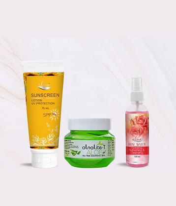 Alna Sunscreen Lotion SPF 30+ 75ml with Alnalite-T Aloe Gel 100gm & Rose Water 100ml , Pack of 3