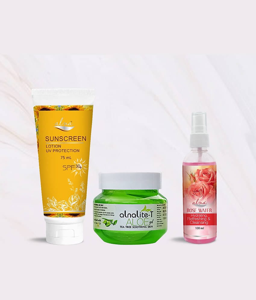 Alna Sunscreen Lotion SPF 30+ 75ml with Alnalite-T Aloe Gel 100gm & Rose Water 100ml , Pack of 3