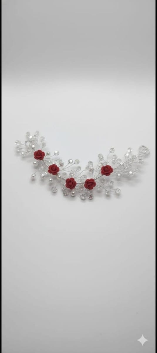 Elegant Red Rose Crystal Bridal Hair Vine (Silver and Red) | Sparkling Crystal Beads and Flexible Wire | Wedding and Party Wear