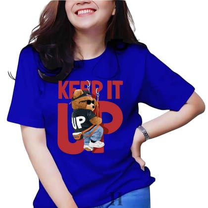 Womens Casual Cotton Round Neck Half Short Sleeve Printed T-Shirt Blue (Size L)