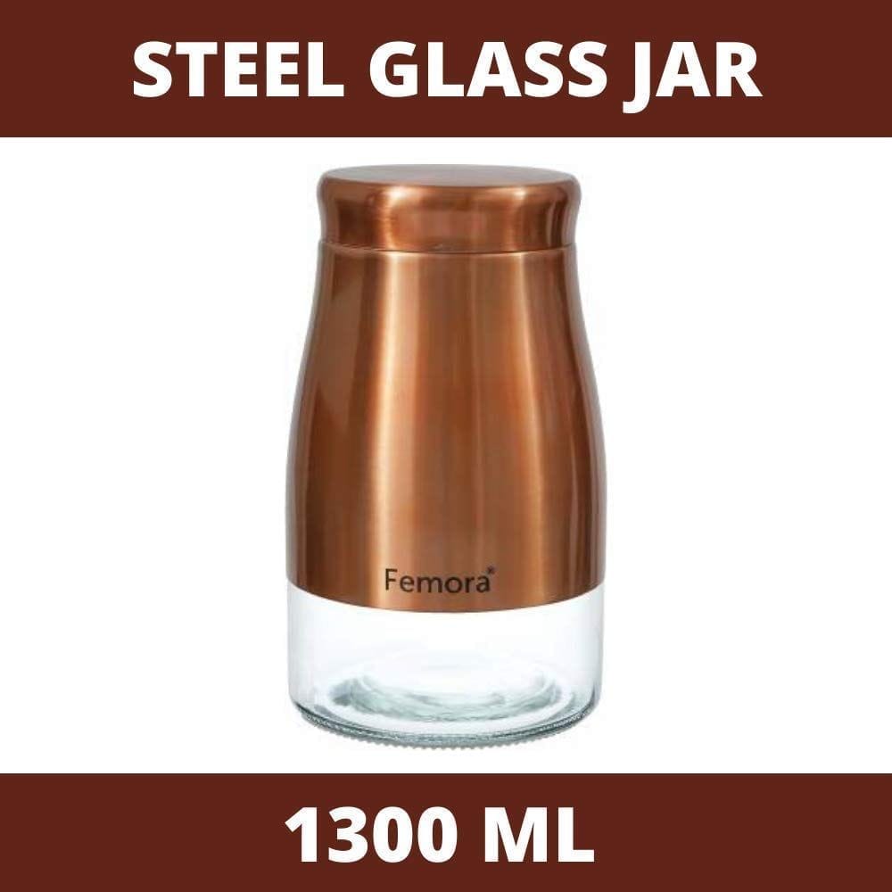 Femora Clear Glass Gold Metallic Steel Glass Jars Tea Sugar Jar Container Cereal, Spices, Pulses Container Spice Jar for Kitchen Storage Jars for Kitchen Storage 1300 ml/gm, Free Replacement of Lids