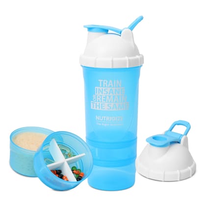 Nutrigize 3-Compartment Shaker Bottle with container For Pills And Powder, 600 ml-Blue