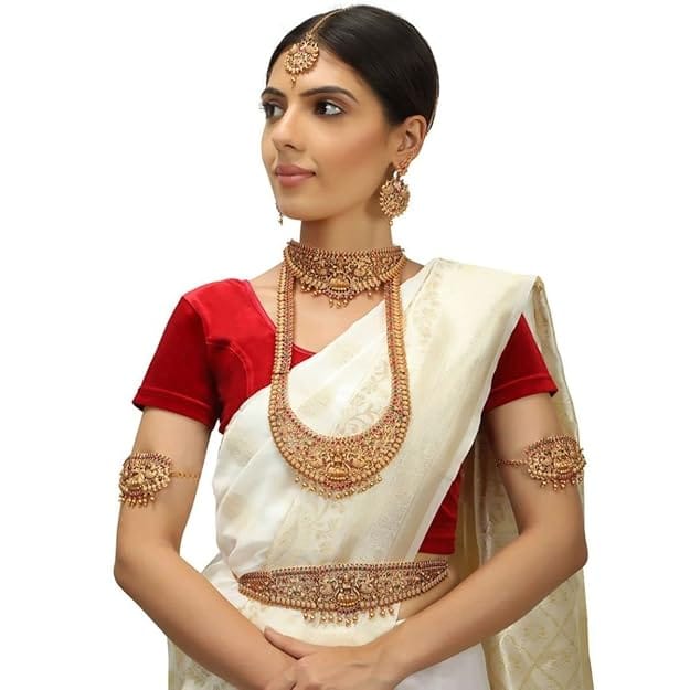 Set of 17 Gold-Plated Red  Green Stones-Studded Bridal Jewellry