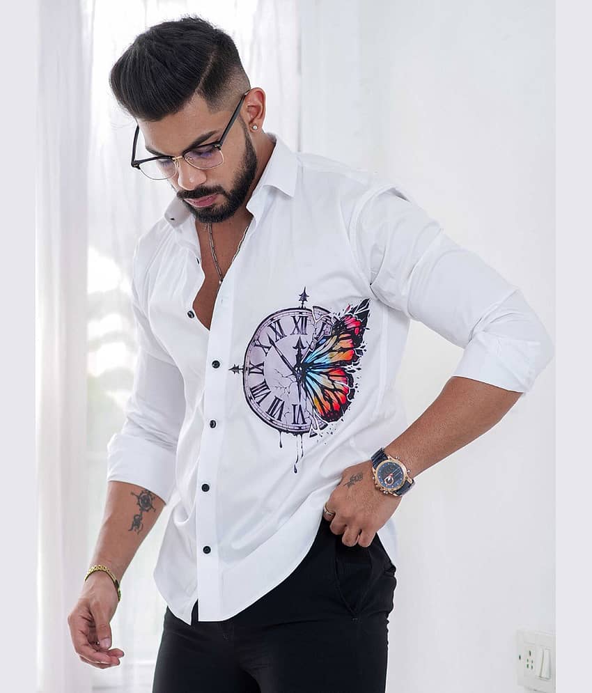 CRESALE Cotton Blend Regular Fit Printed Full Sleeves Men's Casual Shirt - White ( Pack of 1 )