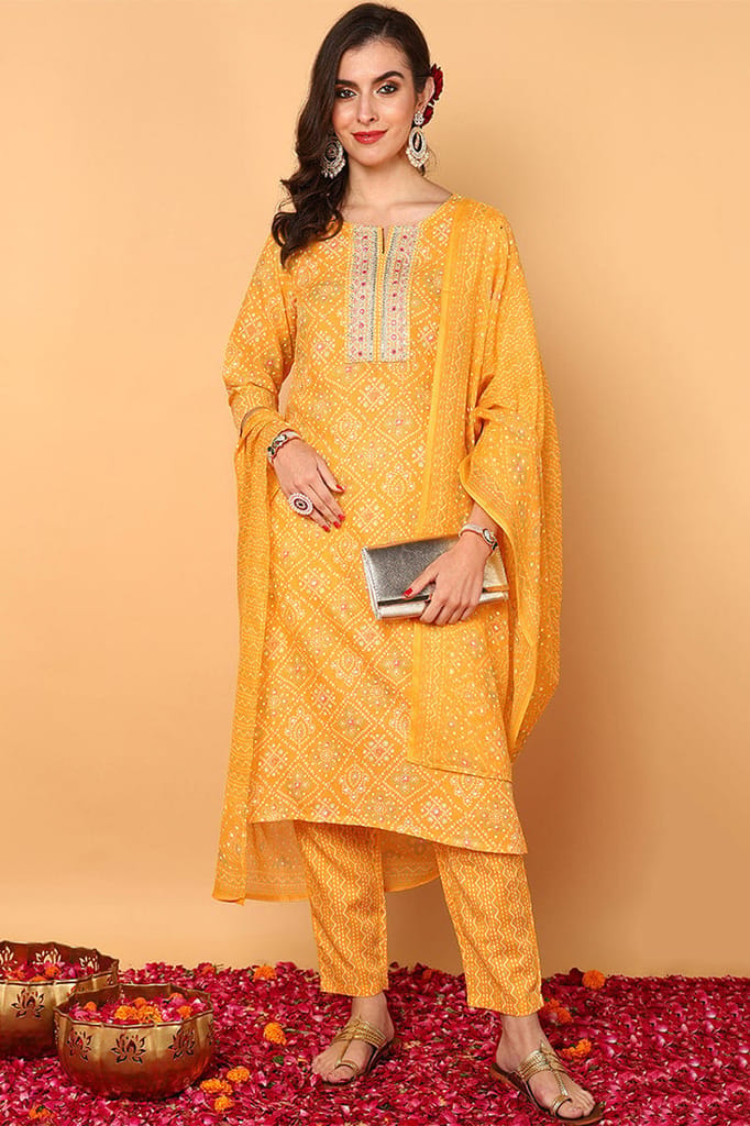 Yellow Poly Cotton Bandhani Printed Straight Suit Set VKSKD2093 - Kurtas & Kurta Sets | Buy online on ZillyBuy