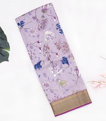 Lavender Handloom Silk Saree With Digital Printed Floral Motifs-Lavander