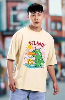 Men Beige Cotton Printed Aesthetic Oversized T shirt for Men-S