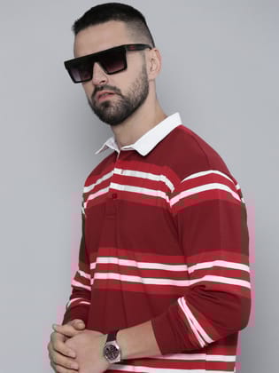 Auto Stripes Red White Full Sleeve Polo T-Shirt-S / Red