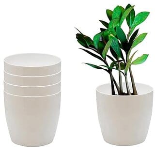 De Gardenia Flower Pots - 4.4 Inch Plastic Flower Pots | Modern Decorative Indoor Outdoor Planters/Pots - Plant Not Included - Pack of (5 White)