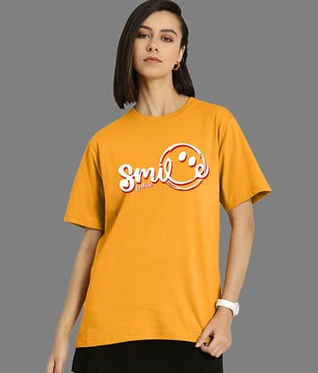 Leotude Women Cotton Blend Printed Oversized Fit Round Neck T-Shirt ( Mustard )