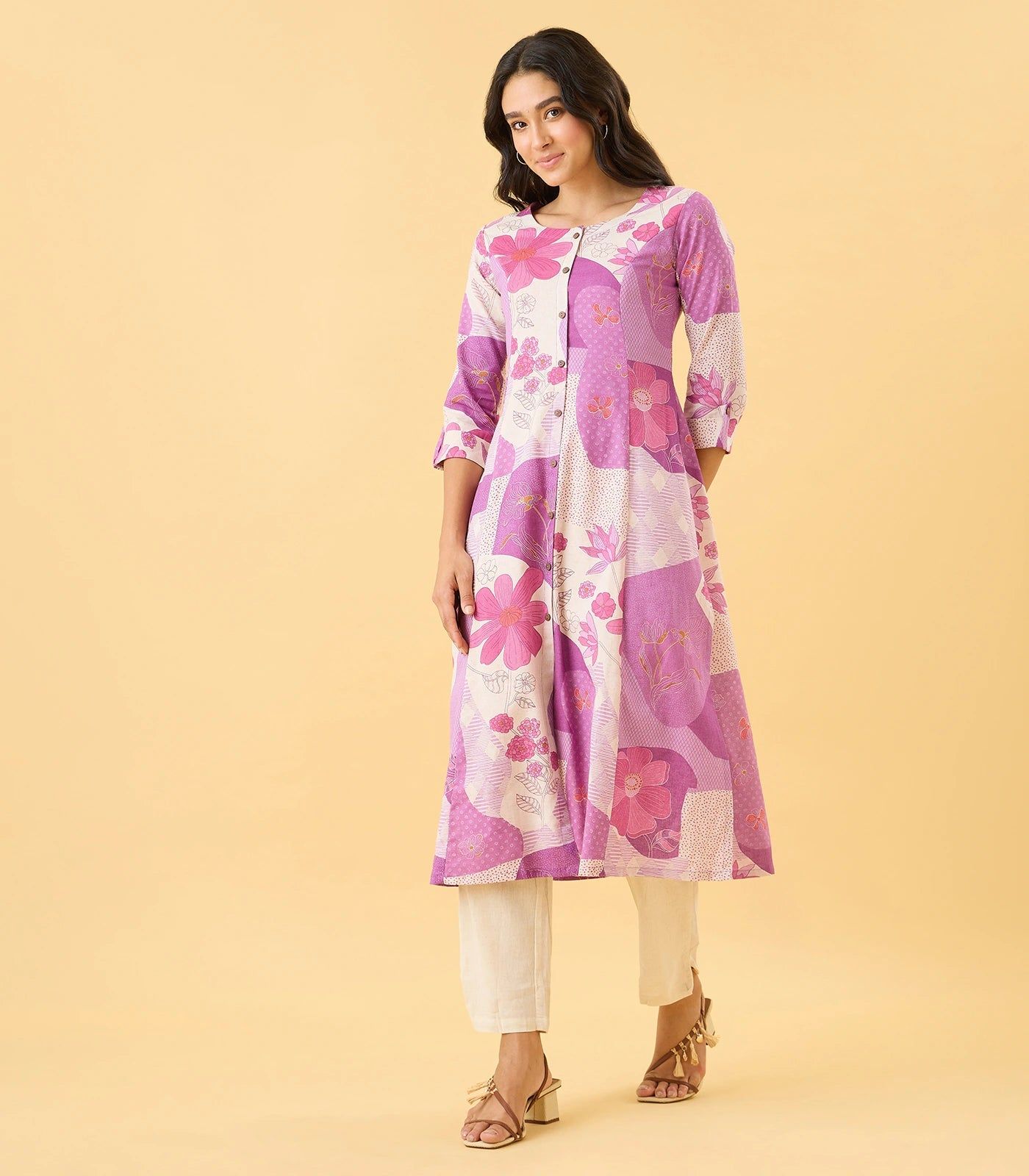 Purple Floral Printed Casual Kurta-M / Purple