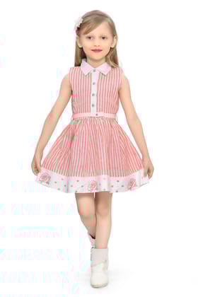 Be:Kids Pink Sweet Summer Stripes and Roses Cotton Dress with Peter Pan Collar