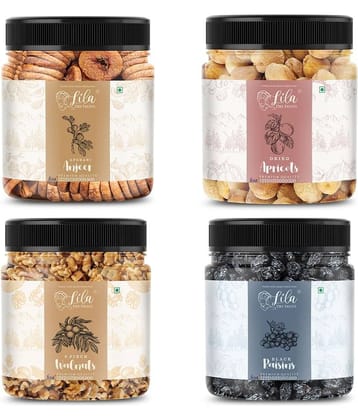 Lila Dry Fruits Figs(100gm), Walnut (100gm), Black Raisin (100gm) & Apricots(100 gm) Combo
