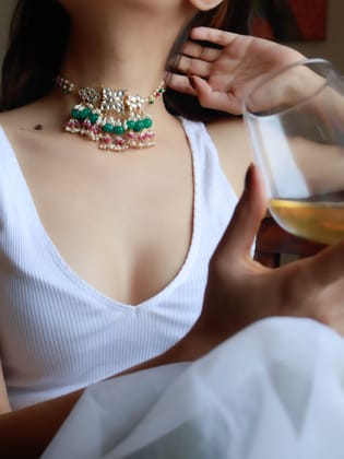 Orsola Green Kundan Choker Necklace-Pink