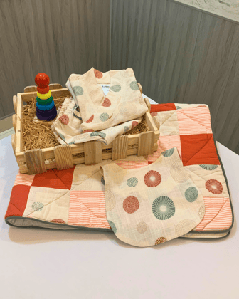 Newborn Baby Gift Box (Set of 4) | Orange Patchwork | Ideal for 0-12months-0-3 months