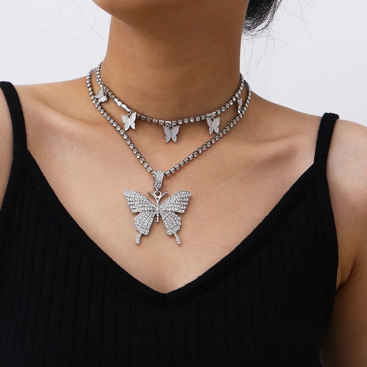 Double Layer Butterfly Choker & Necklace Combo-Silver