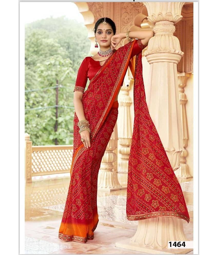 Gullak Georgette Printed Saree With Unstitched Blouse Piece ( Red )