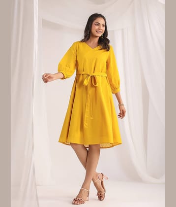 Janasya Women Cotton Self Design A-line Dress ( Yellow )