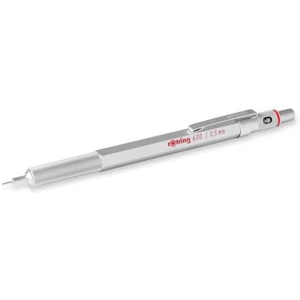 Rotring 600 Series Silver 0.5mm Mechanical Pencil HB Lead,Metal Body,Hexagonal Barrel, Inbuilt Eraser,Push-Button Cap,Non-Slip Metal Knurled Grip.