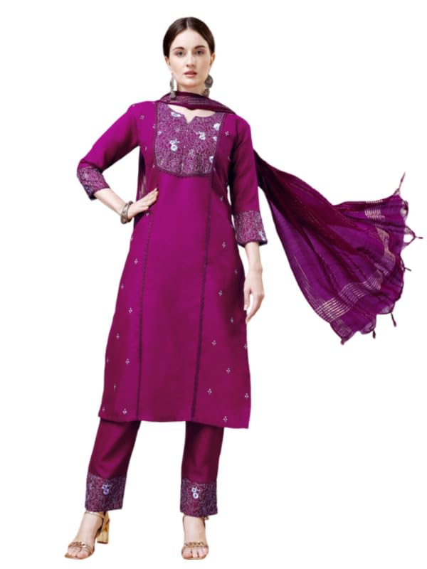 Women's Casual 3-4 th Sleeve Embroidery Cotton Kurti Pant Dupatta Set (Purple, L)-PID50268