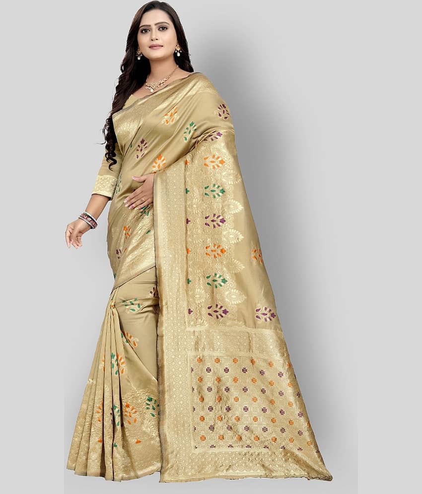 NENCY FASHIONS Banarasi Silk Embellished Saree With Unstitched Blouse Piece ( Beige )