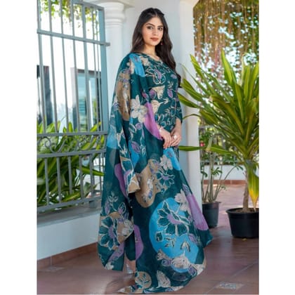 womens cotton blend printed kurti with pant dupatta set rama pid63056