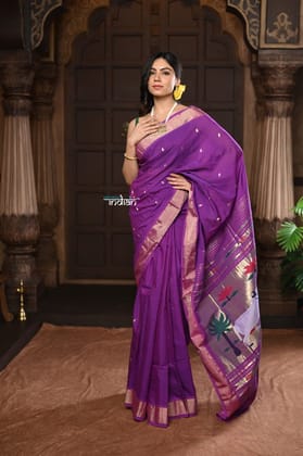 Parampara ~ Handloom Pure Cotton Paithani Saree with Exclusive Pichwai Pallu in Plum Purple
