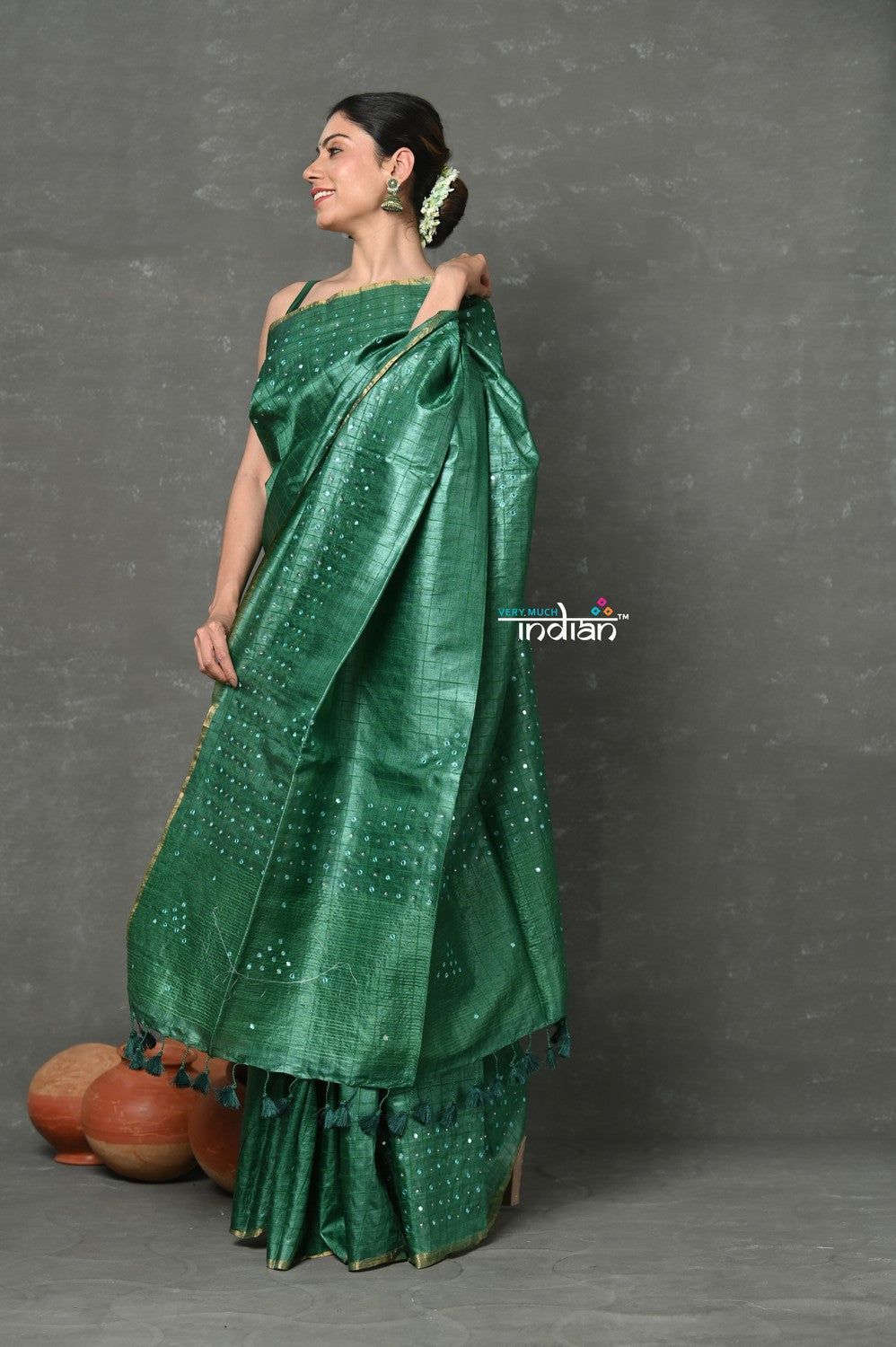 Tyohaar ~ Pure Handloom Tussar Silk with Hand Mirror Embroidery by Khadigram Certified Weavers ~ Emerald Green