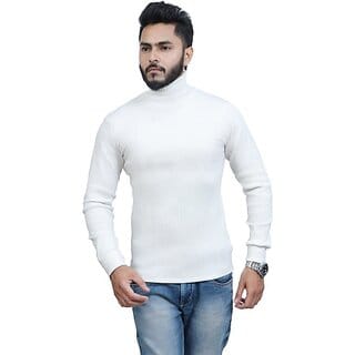 Fashlook Mens White Solid High Neck Full Sleeve Sweatshirt