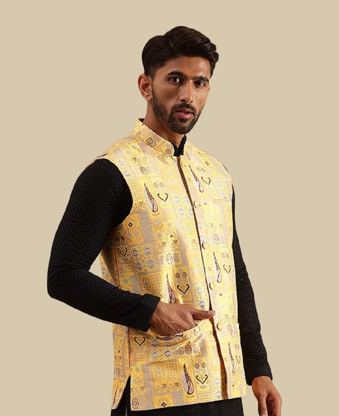 Men's Jacquard Silk Yellow Nehru Jacket With Brocade Geometric Design-36