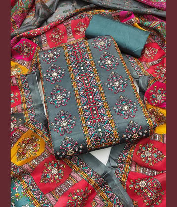 Nayanthara Trends Unstitched Silk Blend Printed Dress Material - Grey ( Pack of 1 )