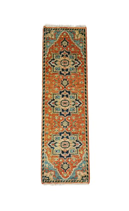 Handmade Tribal Heriz Design Wool Rug – Rust Blue Persian Carpet (2.6x8 ft) Handmade Tribal Heriz Design Wool Rug – Rust Blue Persian Carpet (2.6x8 ft)