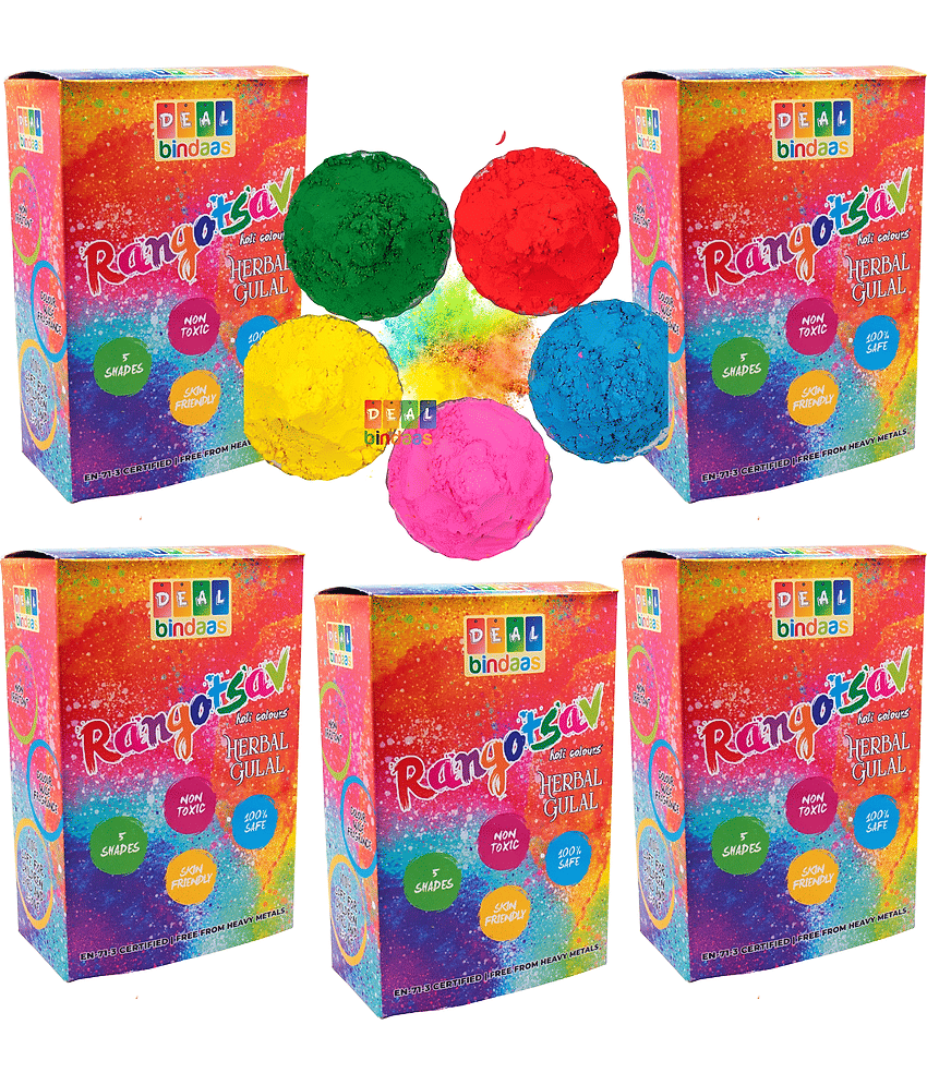 DealBindaas Holi Colour Rangotsav Herbal Gulal 1250 GMS 5 Shades | NonToxic | Eco Friendly | 100% Safe Holi Color Powder Pack of 5 = 1250gm. (25pcs X 50gm) Herbal Gulal