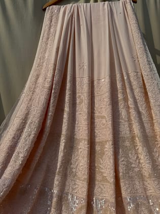 Viscose Peach Chikankari saree with Pearl embellishments-Peach