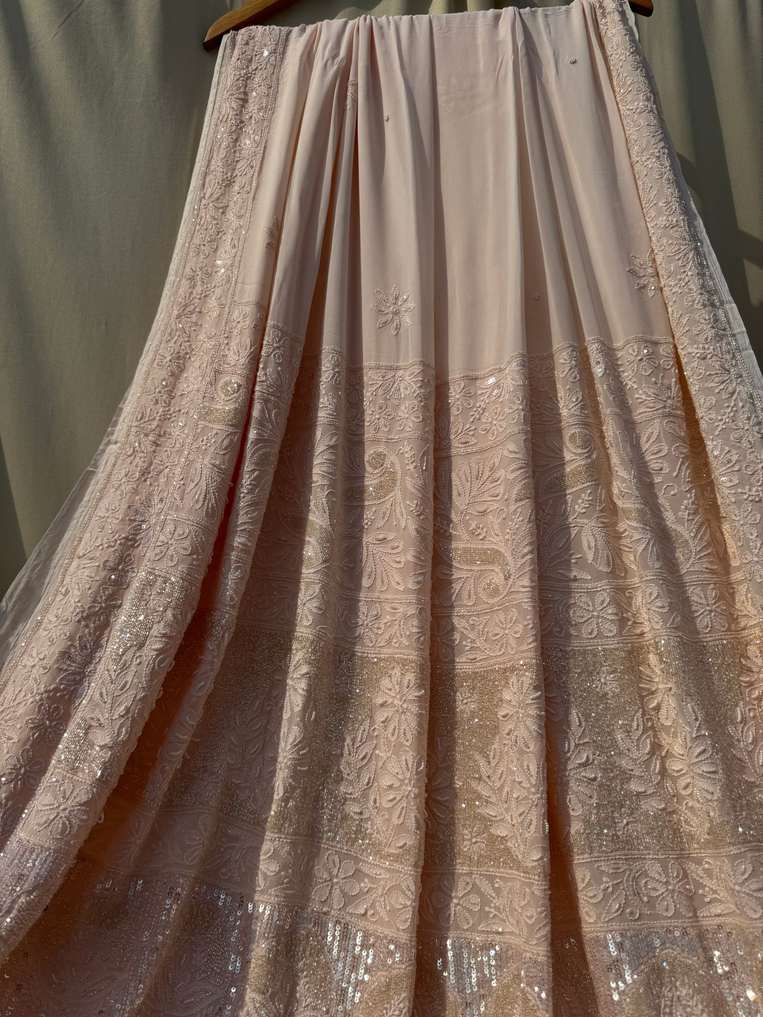 Viscose Peach Chikankari saree with Pearl embellishments-Peach