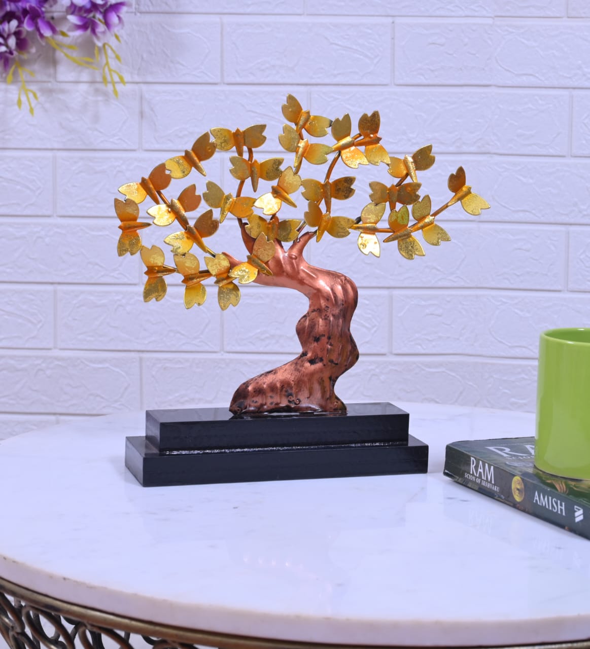 Butterfly Tree Statue, Metal Sculpture with Gold and Silver Leaves, Gold Finish Home Décor