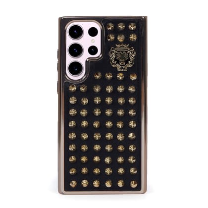 Samsung S Series Studded Black Leather Mobile Cover with Brand Logo-S23 ULTRA