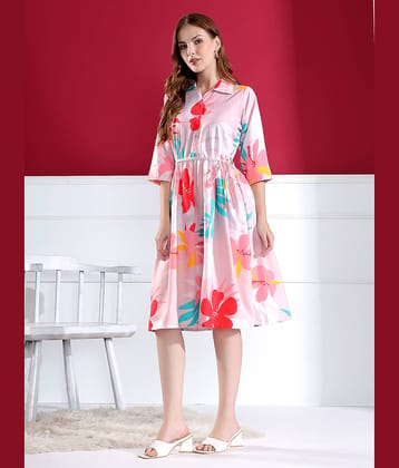 KAHARA Women Cotton Blend Printed Fit & Flare Dress ( Pink )