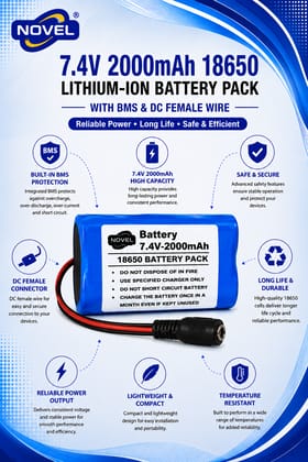 NOVEL 11.1V - 12V 18650 BMS LITHIUM ION BATTERY PACK WITH DC MALE + FEMALE- 2000mAh