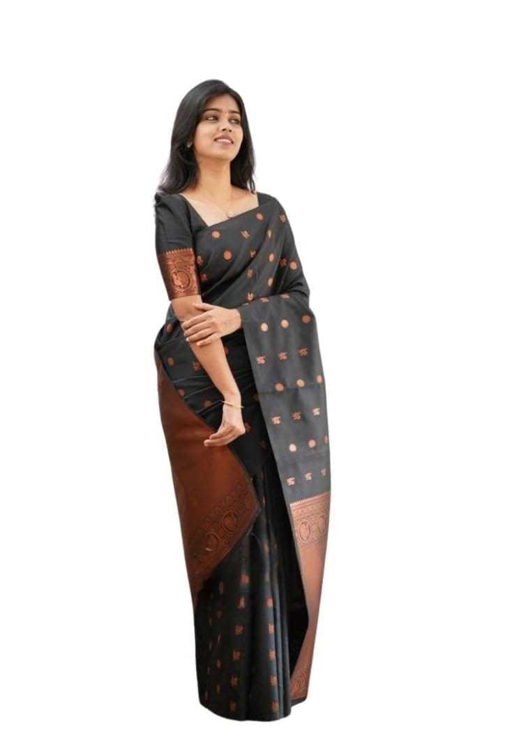 Women's Soft Lichi Silk Printed Saree With Unstitched Blouse 5.5Mtr (Black)-PID63626
